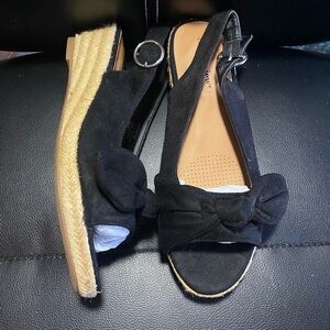Comfortview Black Bow Espadrille Slingback Wedge Sandals Size 7 1/2